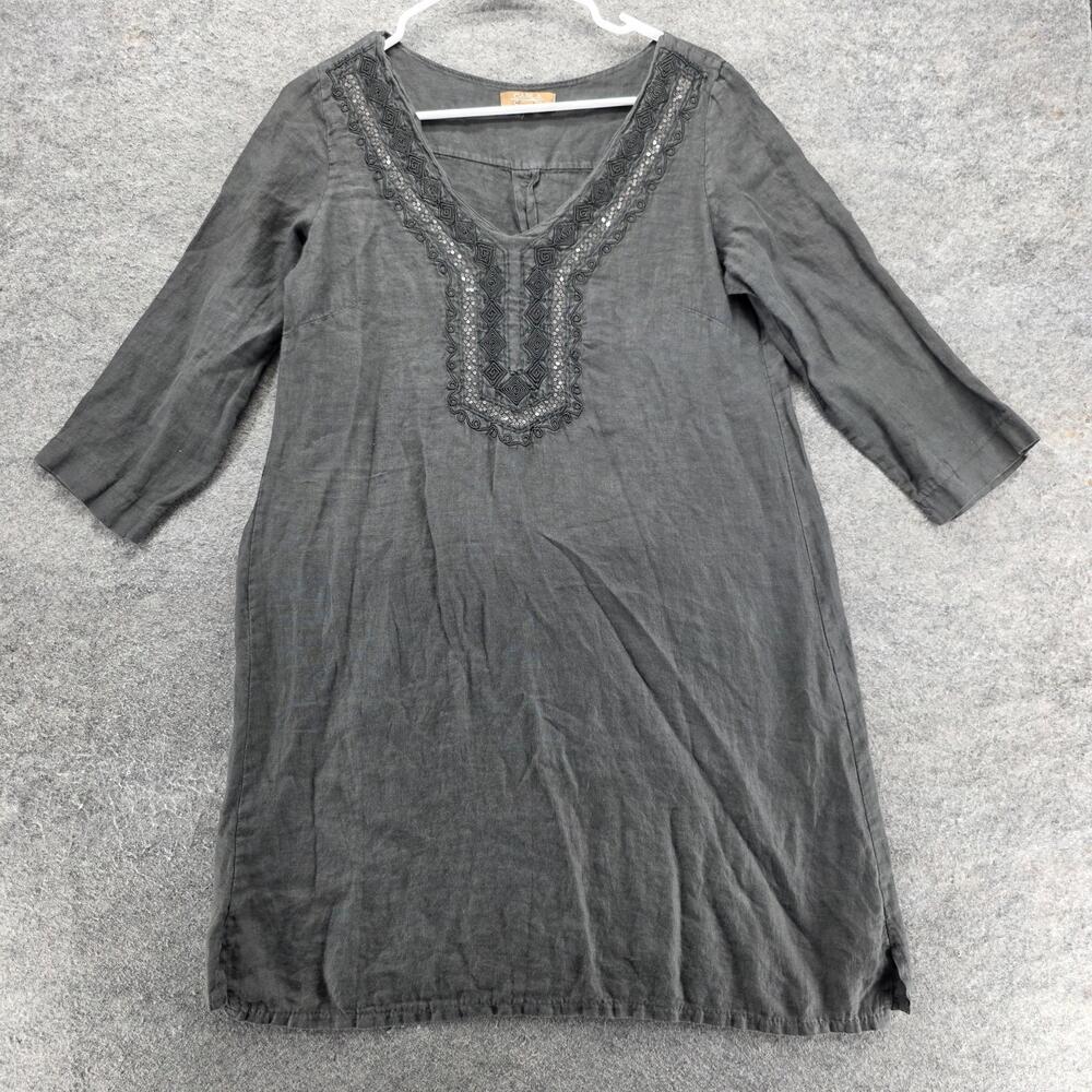 Carla Conti Dress Womens Small Gray 100% Linen Beaded Boho Tunic Italy